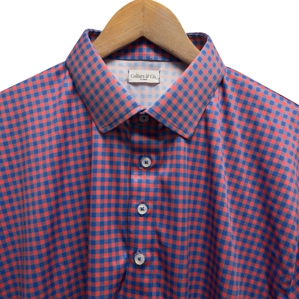 Collars & Co. Mens Size XL Dress Collar Red/Blue Check Performance Golf Polo euc